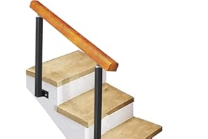 LONMRRTON Pasamanos de 3 escalones para escalones al Aire Libre Montaje Lateral, barandilla Escalera de Hierro Forjado Varilla de Soporte de Seguridad Antideslizante, Pasamanos Madera con 2 piquetes Ajustables
