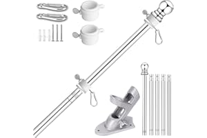 Verdenu 6 FT Wall Mounted Flag Pole, Adjustable Stainless Steel Flag Pole Kit with Holder, 360° Tangle Free Wall Mounted Flagpole for Outside House Garden Commercial (Silver)