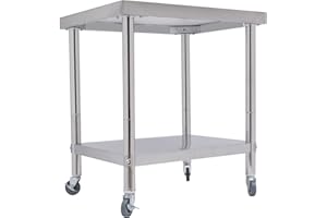 WSIKGHU Arbeitstisch Edelstahl Werkbank Arbeitstisch Belastbarkeit 300/400kg Lebensmittel Zubereitungstisch mit Füßen/Nachlauf Gewerbliche Arbeitstisch (mit Rädern 76 x 60 x 85cm)