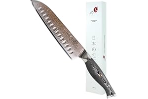 Totiko Coltello Professionale in Acciaio Damasco, Coltello da Cucina Professionale Giapponese da Carne, Pesce e Verdura, Lama da 19cm, Santoku Yoshinaka Damascato, Manico in Resina G-10 Japan Knives