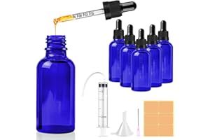 CoKeeSun 5 Stück 50ml Glasflasche mit Pipette, Wiederverwendbar Pipettenflasche, Blau Apothekerflasche mit Trichter, Spritze, Etikett für Ätherische Öle Aromatherapie-Düfte