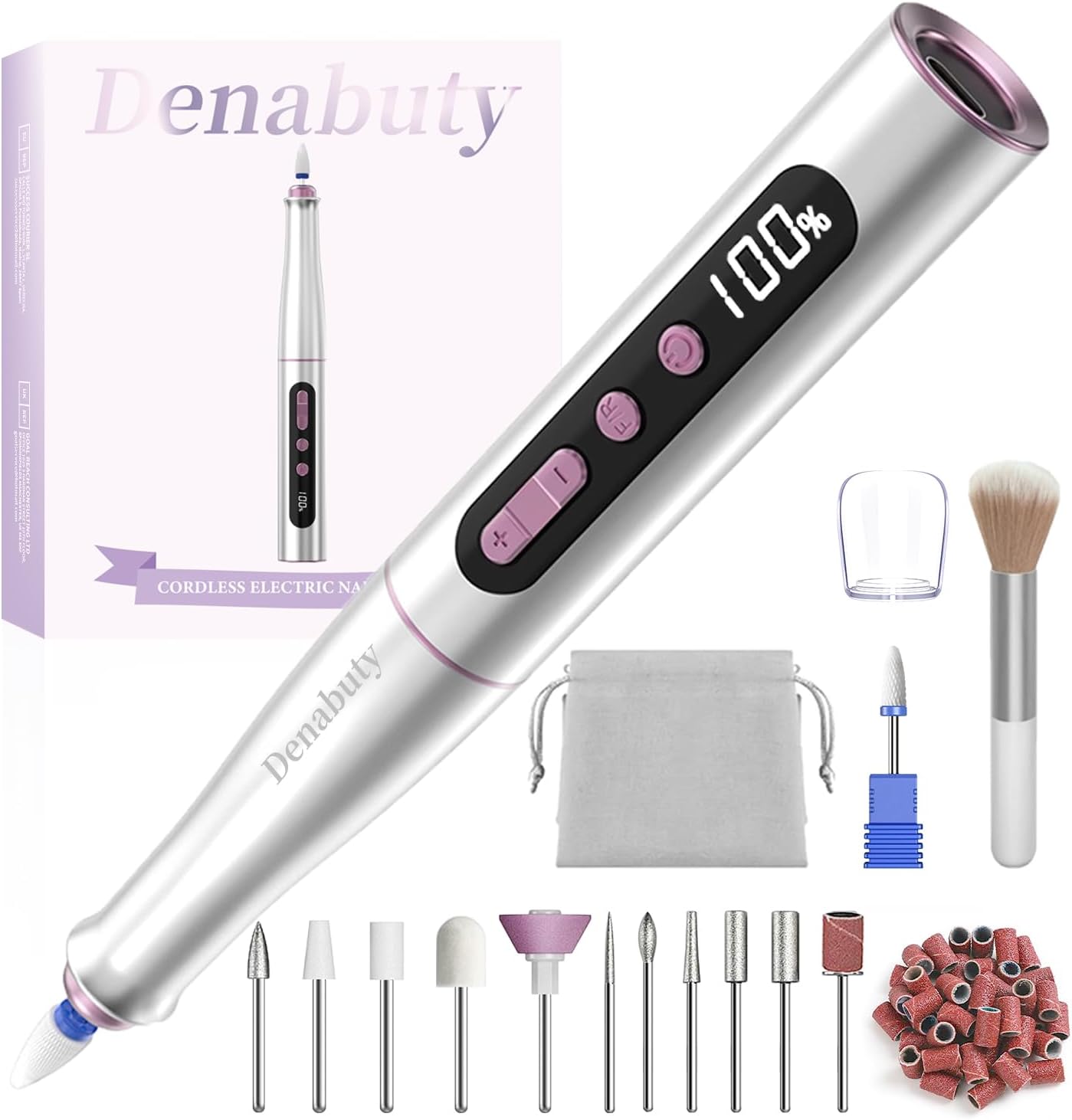 Denabuty Ponceuse pour Ongles Sans Fil, Lime a Ongle Electrique 35000 RPM | Nail Drill Professionnelle 12 en 1 Avec LED écran Numérique, Kit de Manucure Pédicure Rechargeable Vitesse Réglable
