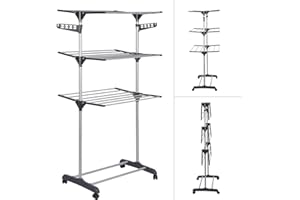 THINFAR Étendoir séchoir à Linge, Sechoir à Linge étendoir Pliable Ailes latérales sur 3 Niveaux pour Usage Intérieur/Extérieur (A/Gris)