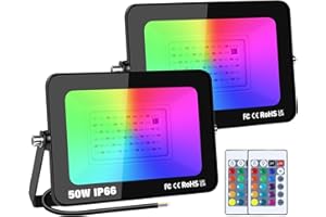 Willpower 2pz RGB Faretto LED da Esterno 50W, Faretto LED Cambio Colore RGB Modalità di Strobo DIY, con Telecomando, 16 Colori, Impermeabile Proiettore per Interno Esterno Giardino Cortile Partito