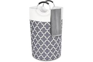 Silkglory Panier a Linge,82L Grand Panier à Linge Sale Pliable Imperméable avec Poignée en Mousse d'Aluminium Panier à Linge Rond Gain de Place pour Salle de Bain, Maison - Gris