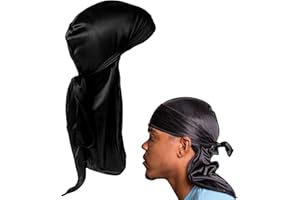 YHQZ Silky Satin Durag with Long & Wide Tails - Breathable Pirate Headwrap Cap for Men & Women - Premium Wrinkle-Free for Waves, Braids & Locs (Black)