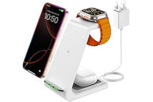 GEEKERA Wireless Charger, 3 in 1 Wireless Charging Station for iPhone 16/15/14/13/12/11/Pro Max/X/8, Phone and Watch Charger Stand for Apple Watch Ultra/10/9/8/7/6/5/4/3/2/SE, AirPods Pro/4/3/2-White