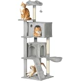 PawHut Cat Scratching Tree Climbing Tower 63 Inches Light Grey | Cat Tree, Multiple Platforms, Bed, 2 Caves, Hammock, Ladder,