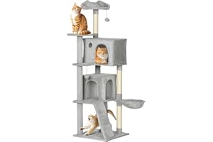 PawHut Árbol Rascador para Gatos, Árbol para Gatos 160 cm, Torre Escalador con Múltiples Plataformas, Cama, 2 Cuevas, Hamaca, Escalera, Postes de Sisal, Bolas para Jugar, Gris Claro