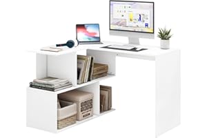 WOLTU Scrivania Angolare a Forma di L con Libreria, 120x100x75 cm, Bianco, Scrivania Ufficio per Computer, Tavolo da Lavoro, Studio and Soggiorno