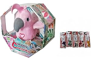Palmitessa Happy Cocorito, Peluche parlante interattivo con suoni, canzoni e ali che si muovono – Pappagallo peluche con bracciale a scatto, per bambini 3+ (Rosa) + 1 Portachiavi Monopoli In Omaggio