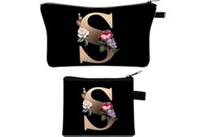 YZDMDM Pack of 2 Personalised Make Up Bag, Gifts for Girlfriend Mothers, A-Z Personalised Women's Cosmetic Bag, Bride and Bridesmaids Cosmetic Bag, Initial Makeup Bag, black, small / 1