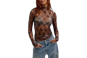 Caziffer Women's Lace Layering Top Long Sleeve Sheer Mesh Mock Neck Undershirt Y2K Lace Floral Tops See Through Shirt Blouse