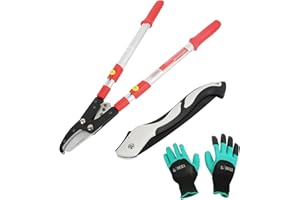 LINZI Cisaille Coupe-Branches Télescopique Robuste avec Poignée en Aluminium 660-970 mm + Scie à Métaux Pliante 250 mm + Gants de Jardin, Ciseaux de Jardin pour Branches, Haies