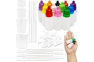 JIEHAOJIA 96 frascos cuentagotas de plástico translúcido de 10 ml,para laboratorio de química,perfume (el kit incluye 4 vasos medidores,4 agitadores transparentes,10 embudos,6 cuentagotas)