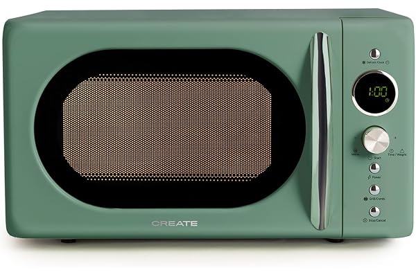 CREATE/MICROWAVE RETRO/Micro-ondes grill numérique vert sauge/Style rétro, capacité 20L, plateau Ø245 mm, 3 programmes, 9 menus préinstallés, cuisson en plusieurs étapes, écran LCD, 900W