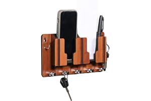 STICKY PANDA Key Holder for Wall Decorative-Wooden Key Organiser with Mobile Holder-Key Hooks Wall Mounted for Home-Key Rack with 2 Way Installation Self Adhesive or Drilling (Red Cherry)