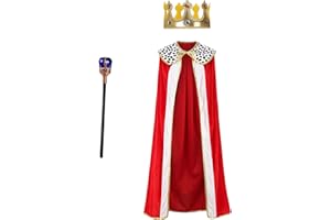 maxToonrain Adult King Costume,Men's Funny Fancy Dress Velvet Red Cape+King Crown And Sceptre Set Halloween Costumes For Men Adults