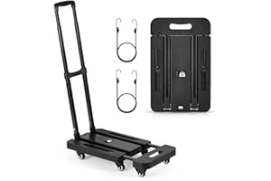 Marketero Folding Hand Truck Heavy Duty 200KG Capacity Moving Dolly Trolley on Wheels with 2 Elastic Ropes Platform Flatbed Trolley for Home Office Camping Travel Garden Moving - Black