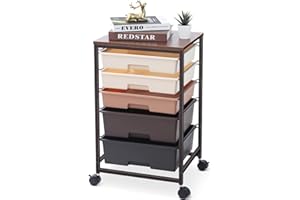 SYKIARIOL Storage Trolley with 5 Plastic Drawers, Rolling Storage Cart on Wheels, Multipurpose Utility Cart Organizer Unit for Living Room,Bedroom,School,Beauty, Easy Movement, Brown