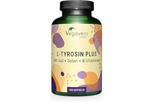 ‎VEGAVERO L-Tyrosin 1.200 mg | Mit Jod, Selen & B-Vitamine für Energie* & Psyche* | Aus Fermentation, vegan & Ohne Zusatzstoffe | 180 Kapseln | Deutsche Produktion von Vegavero