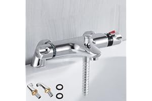 HJZ Thermostatic Bathroom Taps Modern Shower Mixer Valve Bar Anti Scald Tap with Bath Filler Spout Solid Brass (Deck Mounted)