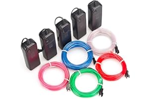 Sunboia EL Wire Neon Glowing Light kit 5 Pack 3M Flexible LED Strip Light Portable Battery Powered Christmas Light for Party Shown Dance Halloween Fashion Car Ornament Decoration-5 Colour