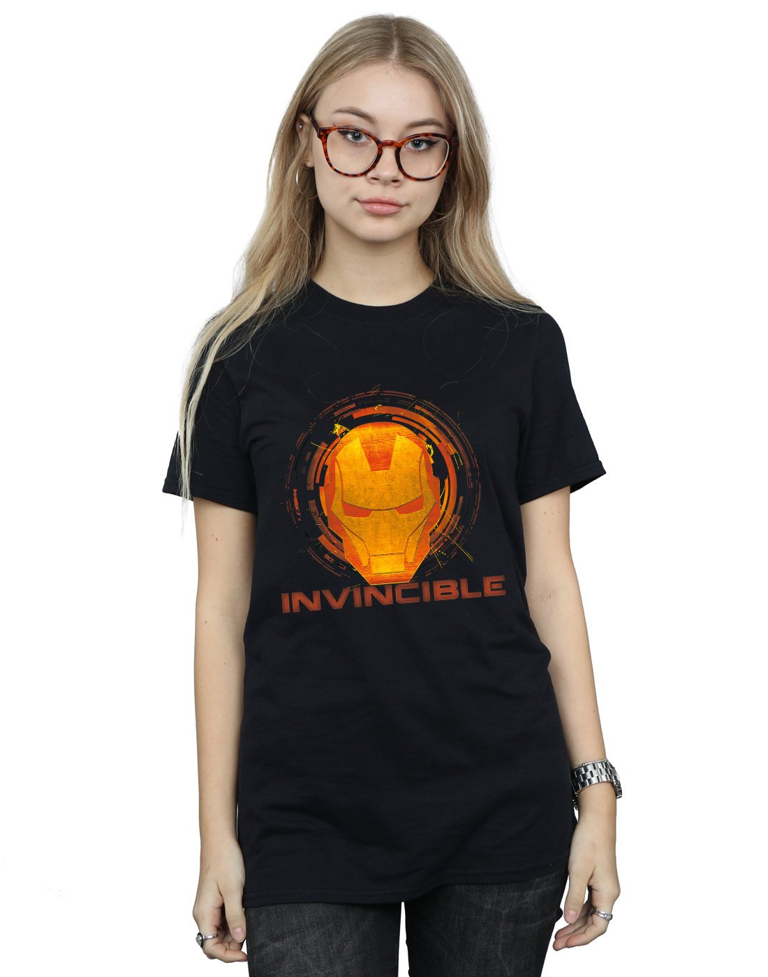 Marvel-Damen-Iron-Man-Invincible-Boyfriend-Fit-T-Shirt-Large-Schwarz
