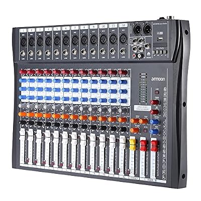 ammoon 120S-USB 12 canaux Mic Audio Line Mixer Console de mixage USB XLR Entrée EQ 3 bandes 48V d'alimentation Fantôme avec Adaptateur d'alimentation