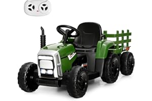 COSTWAY Ride on Tractor and Trailer, 12V Battery Powered Electric Kids Toy Car with Remote Control, LED Lights, USB & Bluetooth Music, Four Wheels Ride on Toys for Children Ages 3+(Dark Green)