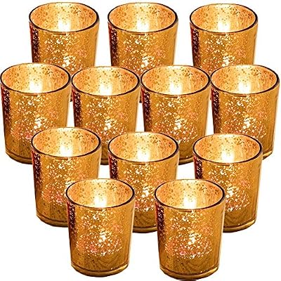 GUIFIER Lot de 12 Bougeoirs en Verre Doré,Mercure Bougie Votive,Photophore Bougeoir en Verre Bougie Chauffe Plat 2,67 po H Bougeoir Mouchetés en Or tacheté pour Mariage Fête et Décoration