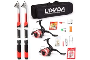 Benkeg Combo de Caña de Pescar Y Carrete - Kit Completo de Carrete de caña de Pescar con 2 Piezas de cañas de Pesca telescópicas de 2,1 m 2 Piezas de carretes giratorios Señuelos de Pesca Ganchos Acc