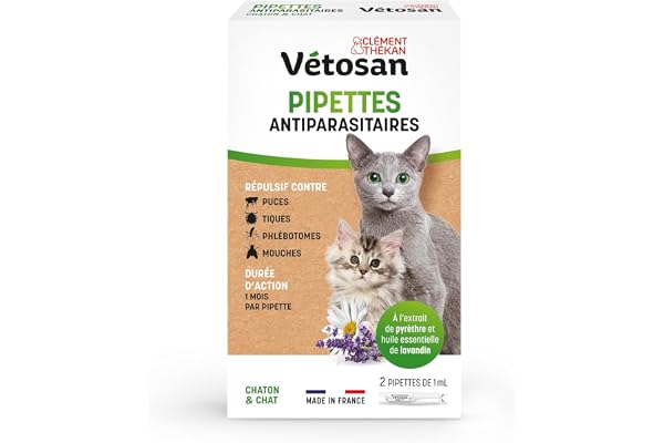 Clément Thékan - Vétosan Pipettes Antiparasitaires pour Chats - À l'extrait de pyrèthre et d'huile Essentielle de lavandin - 2 pipettes