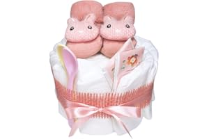 ‎WINDELKÖNIG Windeltorte für Mädchen in pink mit süßen Babysocken und zwei Babylöffeln | Geschenk zur Geburt oder Babyparty | Tiersocken | Windelkönig ihre Windeltorten Manufaktur |