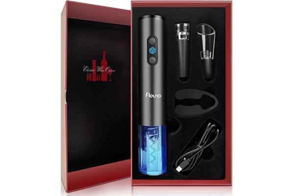 Flauno Tire Bouchon Électrique Rechargeable 6 en 1, Ouvre Bouteille Électrique Set avec Coupe-Capsule, Verseur Aérateur de Vin, Bouchon à Vin, Cable USB, Coffret Cadeau