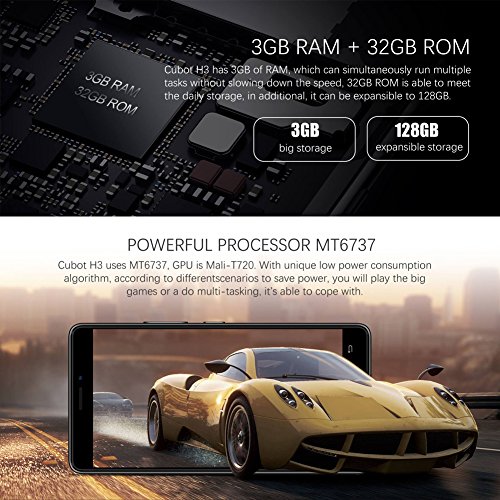 Cubot H3 4G Smartphone Ohne Vertrag (5.0 Zoll (12.7cm) Touch-Display Handy, 6000mAh Batterie, Micro USB mit OTG Funktion, 32GB Speicher, RÃ¼ckseitige 13MP+0.3MP Dual Pixel Kamera, Android 7.0) Schwarz