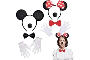 YongSral 2 Pezzi Cerchietto con Orecchie di Minnie Mouse, Fascia per Orecchie Topo, Cerchietto Orecchie Topo con Naso e Cravatta, Cerchietto Orecchie Minnie per Halloween Carnevale
