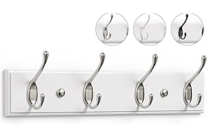 LARHN White Coat Hooks Wall Mounted Coat Rack - 4 Matt-Nickel Wall Hooks - 42 cm - All Fixings Included for Quick & Easy Installation