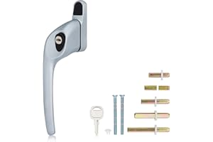 XFORT Cranked Locking Window Handle Installation Kit in Satin Chrome, Left Hand UPVC Window Handle Replacement, Offset Lockable Window Lever