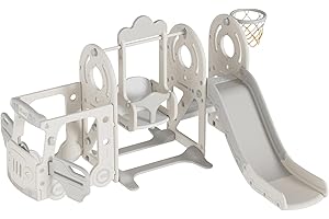 PROKOKE Baby Freistehende Rutsche und Schaukel Set Kleinkind Kletter Spielplatz Spiel Set Indoor Outdoor Lange Rutsche Babyspielplatz Aktivitätszentrum Kid Play Equipment (Bus GreyWhite)