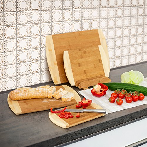 Relaxdays Schneidebrett aus Bambus 4-er Set mit Ständer Küchenbretter in verschiedenen Größen 2-farbiges Holz beidseitig nutzbar und messerschonend als Frühstücksbrettchen und Servierbrett Holz, natur - 2