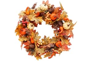 ‎MRINB Herbst TürKranz WandKranz, 45cm Kranz Deko Herbst Dekoration Türkranz, Künstliches Rattan Kürbis Ahornblatt Beere Herbst TürKranz WandKranz Als Tür Fenster Wandbehang Dekoration (B (50cm))