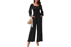 Tanou Jumpsuit Damen Elegant Gesmoktes Langarm Oberteil Weites Bein mit Taschen Einteiler Set Stretch Lässig Leicht Overall Herbst Outfits