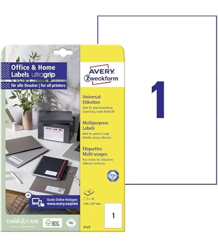 AVERY Zweckform 6603 Universal-Etiketten A4 – 65 Blatt + 15 Extra, Selbstklebend, Ultragrip-Technologie, FSC-Papier, Für Laserdrucker, TÜV-geprüft