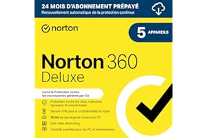 Norton 360 Deluxe 2026 | 5 appareils | 24 Mois d'Abonnement en renouvellement automatique| Téléchargement