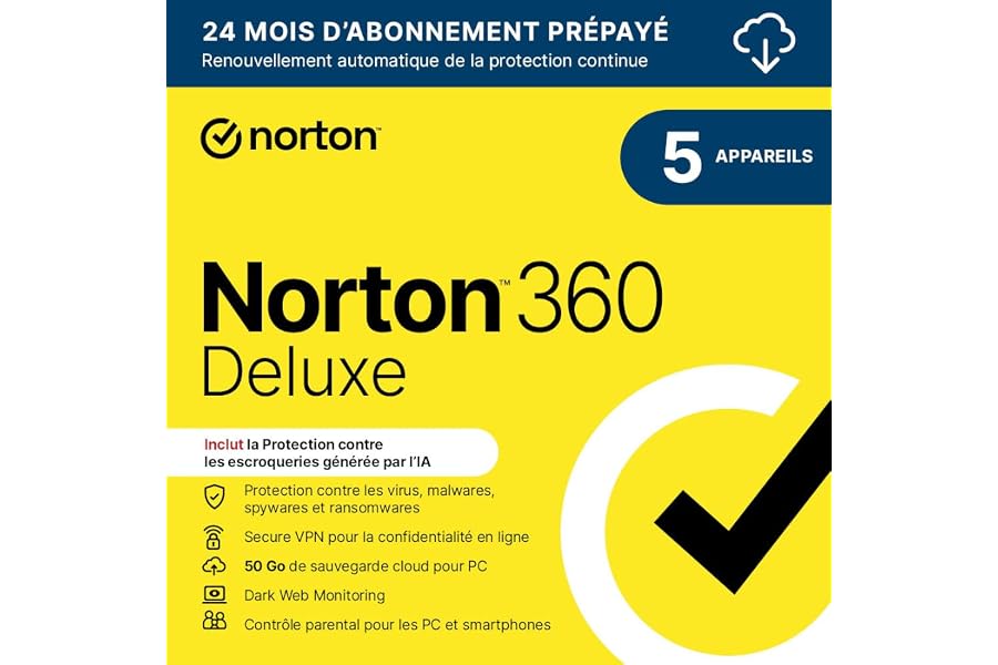 Norton 360 Deluxe 2024 | 5 appareils | 24 Mois d'Abonnement en renouvellement automatique| Téléchargement