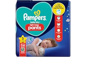 Pampers Baby-Dry Night Nappy Pants Size 5, 28 Night Nappies, 12kg-17kg, Essential Pack, Pampers Most Absorbent Pants for Extra Night Protection