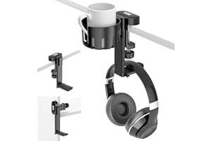 KDD Uchwyt na kubek na biurko 2 w 1 z haczykiem na słuchawki, obrotowy uchwyt na zestaw słuchawkowy, gadżety na biurko do gier, nadaje się do kubków do kawy