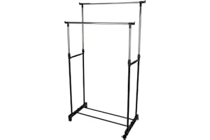 Portant double à vêtements sur roulettes, chrome et noir, ajustable jusqu’à 160 cm, 80 x 43 x 90-160 cm, M home by Mazzei Mondex, Chromé