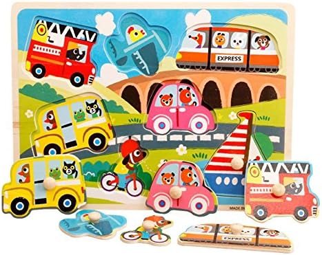 OneCreation Wooden Puzzle Cognitive Board Hand Grasping Board (Outing Car Bus Boat Express) 1-6 Years Old Puzzle Toy